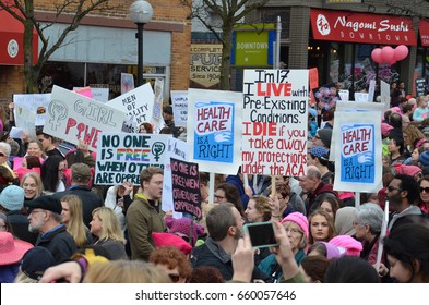 ANN ARBOR, MI - JAN 21:  Protesters rally before the Women'??s March in Ann Arbor on January 21, 2017. 