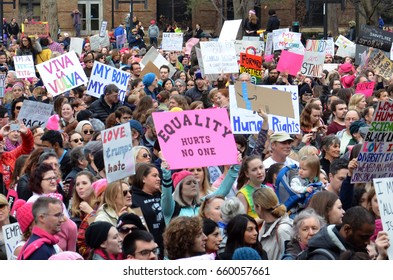 ANN ARBOR, MI - JAN 21:  Protesters rally at the Women'??s March in Ann Arbor on January 21, 2017. 