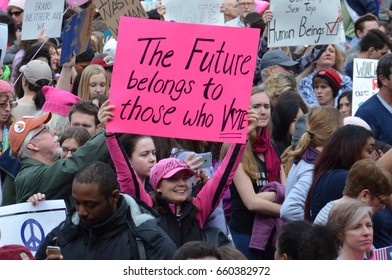 ANN ARBOR, MI - JAN 21:  Protesters rally at the Women's March in Ann Arbor on January 21, 2017. 