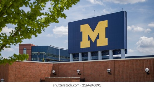 Ann Arbor, MI - May 27, 2022: University Of Michigan Wolverines' Logo At NCAA Football Stadium