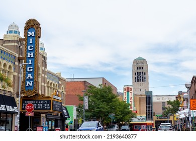 Ann Arbor Michigan - August 20 2022: Theater Buildings With Michigan And State Signs On A Busy Street In Ann Arbor