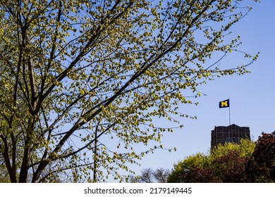 Ann Arbor, Michigan - October 26, 2021: The University Of Michigan Logo Flies At The Top Of A Central Building On Campus