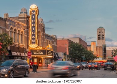 Ann Arbor, Michigan, USA 2020 - Michigan Theater On State Street Downtown During Sunset With Cars