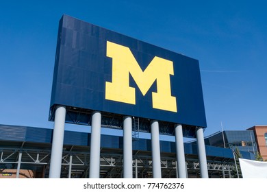 ANN ARBOR, MI/USA - OCTOBER 20, 2017:  Michigan Stadium sign on the campus of the University of Michigan.