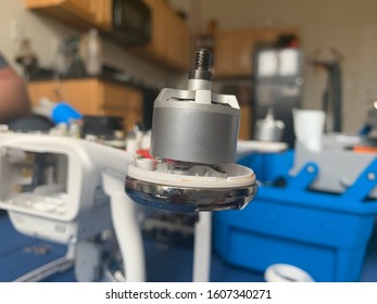 Annapolis, Maryland / US - October 26, 2019: Close Up Of Newly Installed Electric Battery Operated Drone Motor Repair And Upgrade Done At Home On Consumer Electronics Product