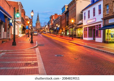 Annapolis, Maryland, USA Downtown On Main Street Towards St. Anne's Parish At Dawn.