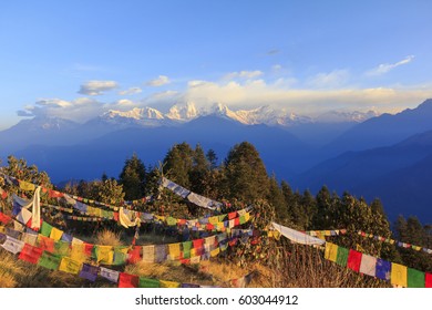 Annapurna and Himalaya mountain range with sunrise view from Poonhill, famous trekking destination in Nepal.