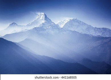 Annapurna Mountains In Sunrise Light Himalaya, Nepal