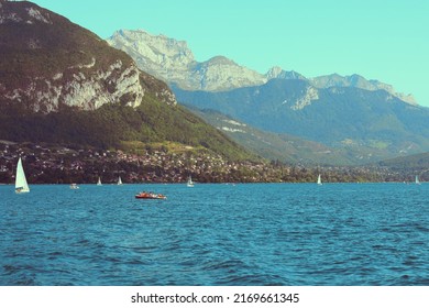 Annecy, France, - August, 20, 2020:  View of  Lake Annecy in France. Lake Annecy is a perialpine lake in Haute Savoie in France.