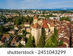Annecy, France. Annecy Castle. Panorama of the historical part of the city in summer. French Alps. Aerial view