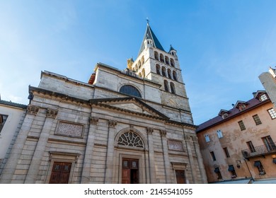 Annecy, France - December, 2021 : Notre Dame de Liesse Church, Old town landmark in Annecy city center on the bank of the Thiou river, France