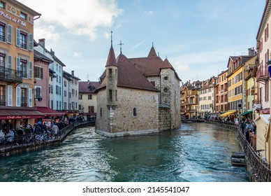 Annecy, France - December, 2021 : Old town landmark in Annecy city center on the bank of the Thiou river, France