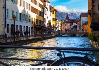 Annecy, France - December 30, 2021: Colorful houses along canal in Annecy. France