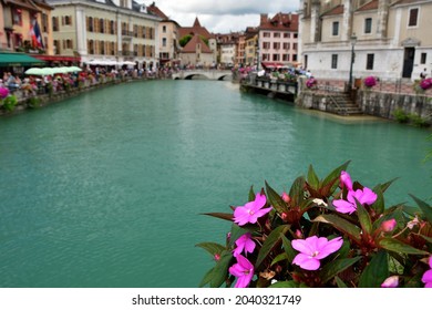 Annecy, France. Flowers blooming along the river in the old town. July 28, 2021.