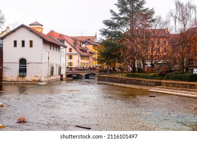 Annecy, France - January 29, 2022: Scenic view of the beautiful canals and historic buildings in the old town of Annecy, Rhone-Alpes, France.