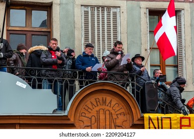 Annecy, France - January 29, 2022: Group Of People Demonstrating Against The State Oppression Of Health Pass And Vacination On The Public In Annecy Streets.