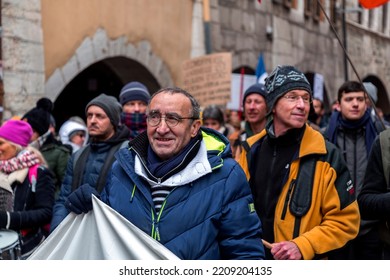 Annecy, France - January 29, 2022: Group Of People Demonstrating Against The State Oppression Of Health Pass And Vacination On The Public In Annecy Streets.