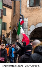 Annecy, France - January 29, 2022: Group Of People Demonstrating Against The State Oppression Of Health Pass And Vacination On The Public In Annecy Streets.