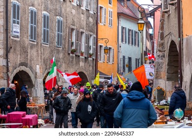 Annecy, France - January 29, 2022: Group Of People Demonstrating Against The State Oppression Of Health Pass And Vacination On The Public In Annecy Streets.