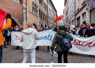 Annecy, France - January 29, 2022: Group Of People Demonstrating Against The State Oppression Of Health Pass And Vacination On The Public In Annecy Streets.