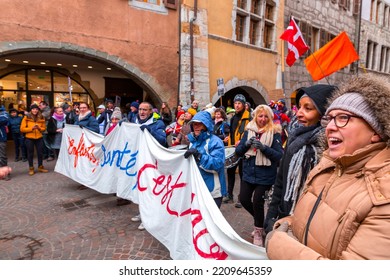 Annecy, France - January 29, 2022: Group Of People Demonstrating Against The State Oppression Of Health Pass And Vacination On The Public In Annecy Streets.