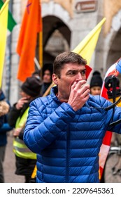 Annecy, France - January 29, 2022: Group Of People Demonstrating Against The State Oppression Of Health Pass And Vacination On The Public In Annecy Streets.