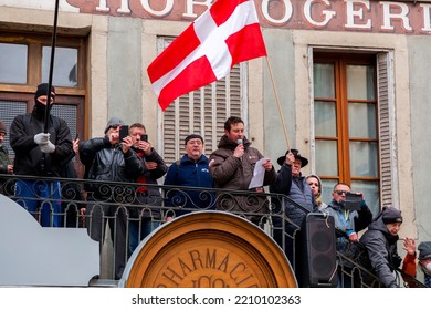 Annecy, France - January 29, 2022: Group Of People Demonstrating Against The State Oppression Of Health Pass And Vacination On The Public In Annecy Streets.