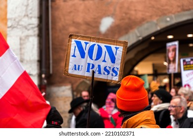 Annecy, France - January 29, 2022: Group Of People Demonstrating Against The State Oppression Of Health Pass And Vacination On The Public In Annecy Streets.