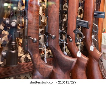 Annecy, France - January 7, 2022: Rifles In The Display Case Of A Firearms Store In Annecy