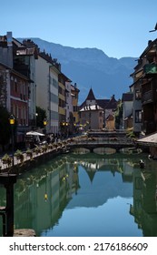 Annecy, France - July 2 2022:  Canal with reflections in the old town of Annecy. 