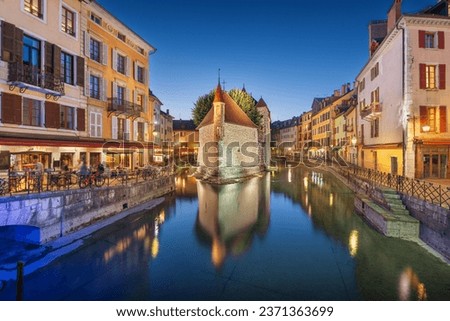 Annecy, France on the Thiou River at night.