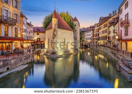 Annecy, France on the Thiou River at twilight.