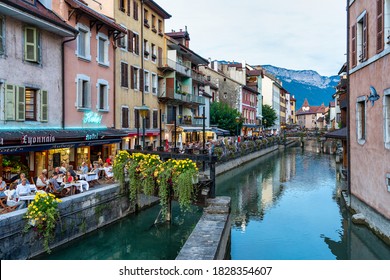 Annecy, France - Sep 14, 2020: In the streets of Annecy. Annecy is the largest city of Haute Savoie department in the Auvergne Rhone Alpes region in southeastern France.