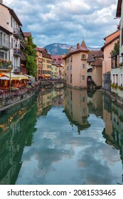 ANNECY, FRANCE - SEPTEMBER 14, 2014: Beautiful sunset in the canal of Annecy city, France.