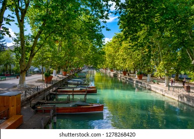 ANNECY, France - September 7 2018: Canal du Vasse as seen from Pont des Amours inland. Located in the Auvergne-Rhône-Alpes region in southeastern France, Annecy is often called the Venice of the Alps