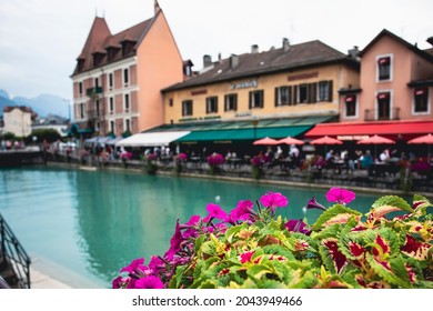 Annecy, France - September 9, 2021: the view of city canal with medieval buildings in Annecy Old Town, Restaurant near the River Thou in Old Town,The building looks great in middle of a large city.