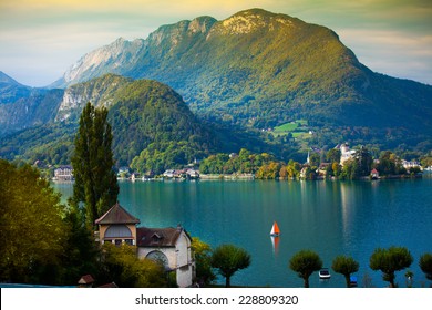 Annecy Lake with sailboat