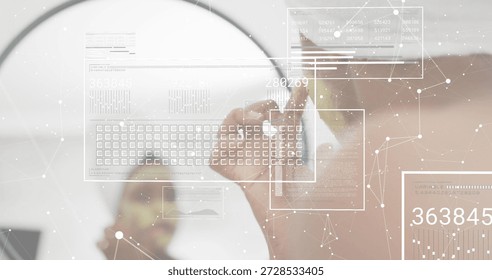 Annotating tech worker wearing light blouse in modern workspace, with marker, glass, AR overlays. Augmented, interface, analytics, office, futuristic, transparent, keyboard