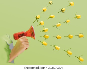 Announce Minimal Concept. Child Handheld Megaphone With Yellow Roses Heads Spread Out In The Air. Green Background.