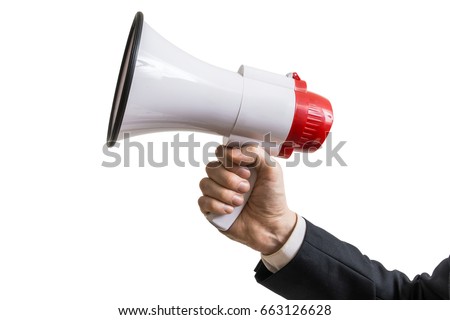 Announcement concept. Hand holds megaphone. Isolated on white background.