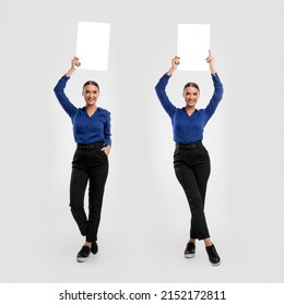 Announcement Concept. Set Of Confident Business Lady Holding White Advertisement Board In Hands, Standing Isolated On White Studio Background, Raising Lifting Sign Board Up, Full Body Length, Banner