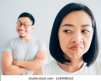 Annoyed Asian Wife And Funny Tricky Husband.