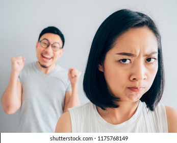 Annoyed Asian Wife And Funny Tricky Husband.