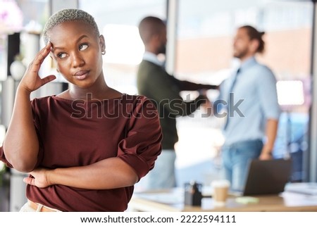 Annoyed, attitude and business woman in office, roll eyes at gender inequality, prejudice and unfair workplace. Sexism, discrimination and frustrated black woman in boardroom after business meeting