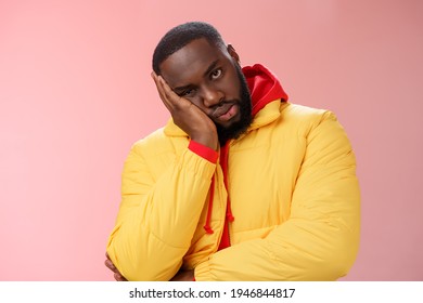 Annoyed bothered pissed african-american bearded man in yellow jacket facepalm look angry camera irritated lean head hand bored fed up pissed hearing uninteresting same stories, pink background