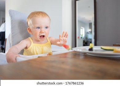 Annoyed Cute Baby Sitting In Highchair And Throwing Slices Of Fruits. First Solid Food Or Child Care Concept