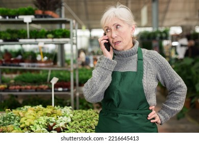 Annoyed Senior Woman Plant Shop Worker Standing In Salesroom And Talking On Phone.