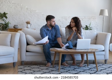 Annoyed Worried Married Couple Of Homeowners, Renters Arguing About Financial Problems, Discussing Expenses, Insurance, Mortgage, Rental Fees, Bankruptcy, Eviction, Overspent Budget