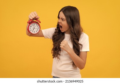 annoying sound. angry teen girl checking time. do not be late. punctual kid with clock.