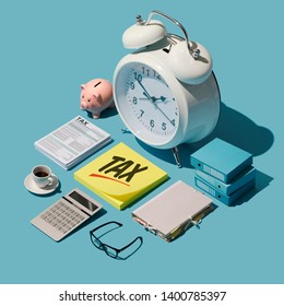 Annual Income Tax Refund, Deadlines And Payments: Isometric Big Alarm Clock, Tax Forms And Sticky Notes Reminder